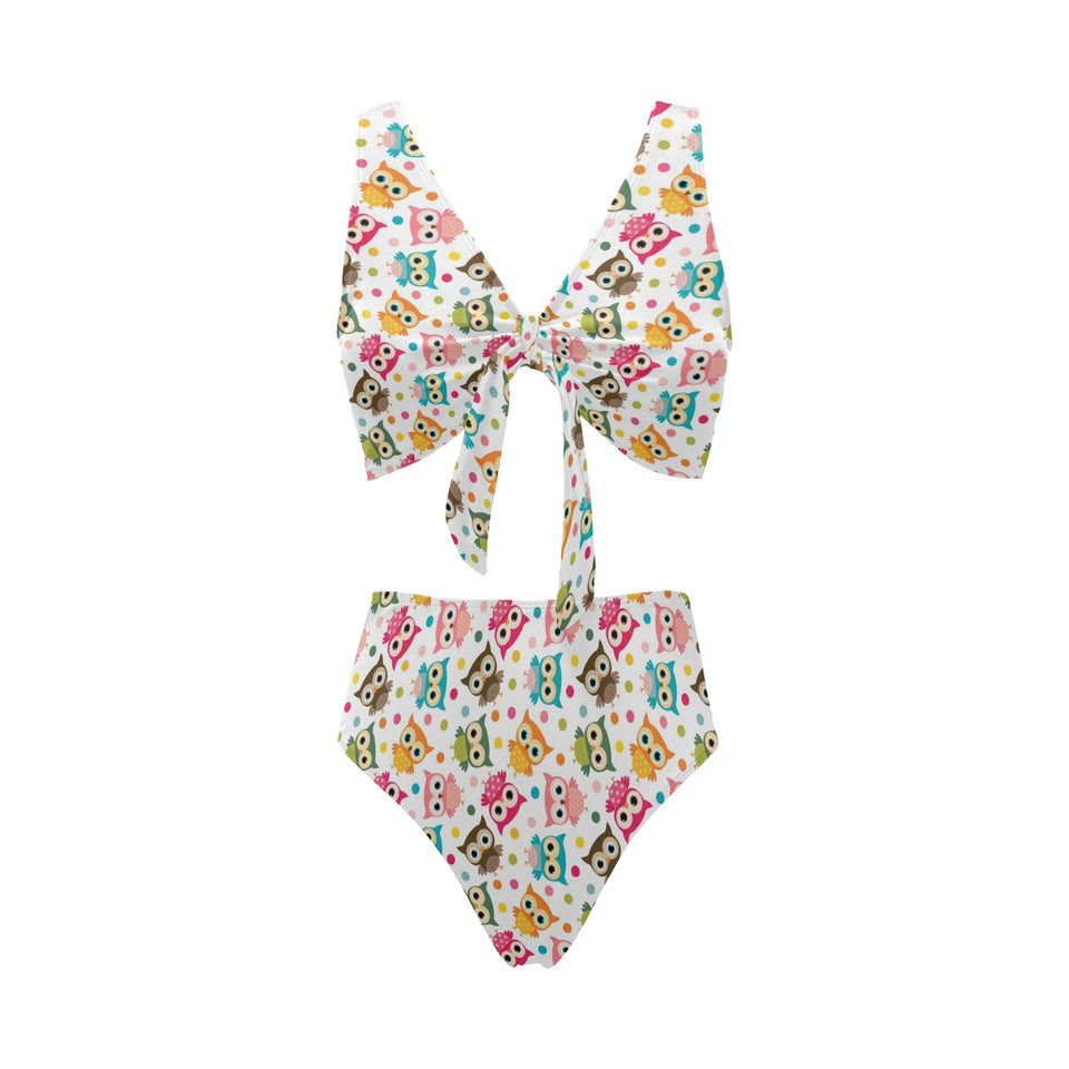 Color cute owl pattern Chest Bowknot High Waisted Bikini Swimsuit