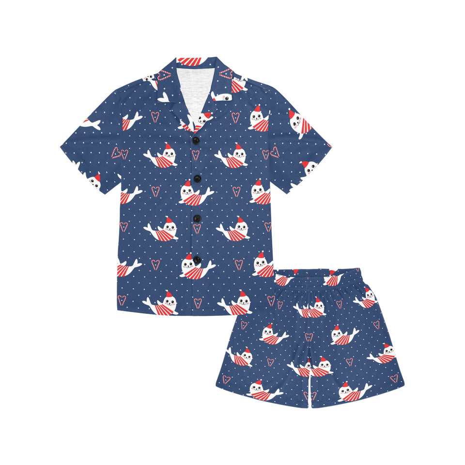 Cute sea lion seal christmas hat candy cane heart Kids' Boys' Girls' V-Neck Short Pajama Set