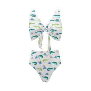 watercolor crocodile pattern Chest Bowknot High Waisted Bikini Swimsuit