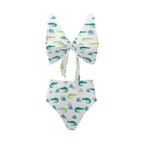 watercolor crocodile pattern Chest Bowknot High Waisted Bikini Swimsuit