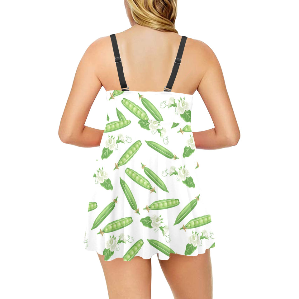 Green Peas Pattern Print Design 04 Chest Sexy Pleated Two Piece Swim Dress