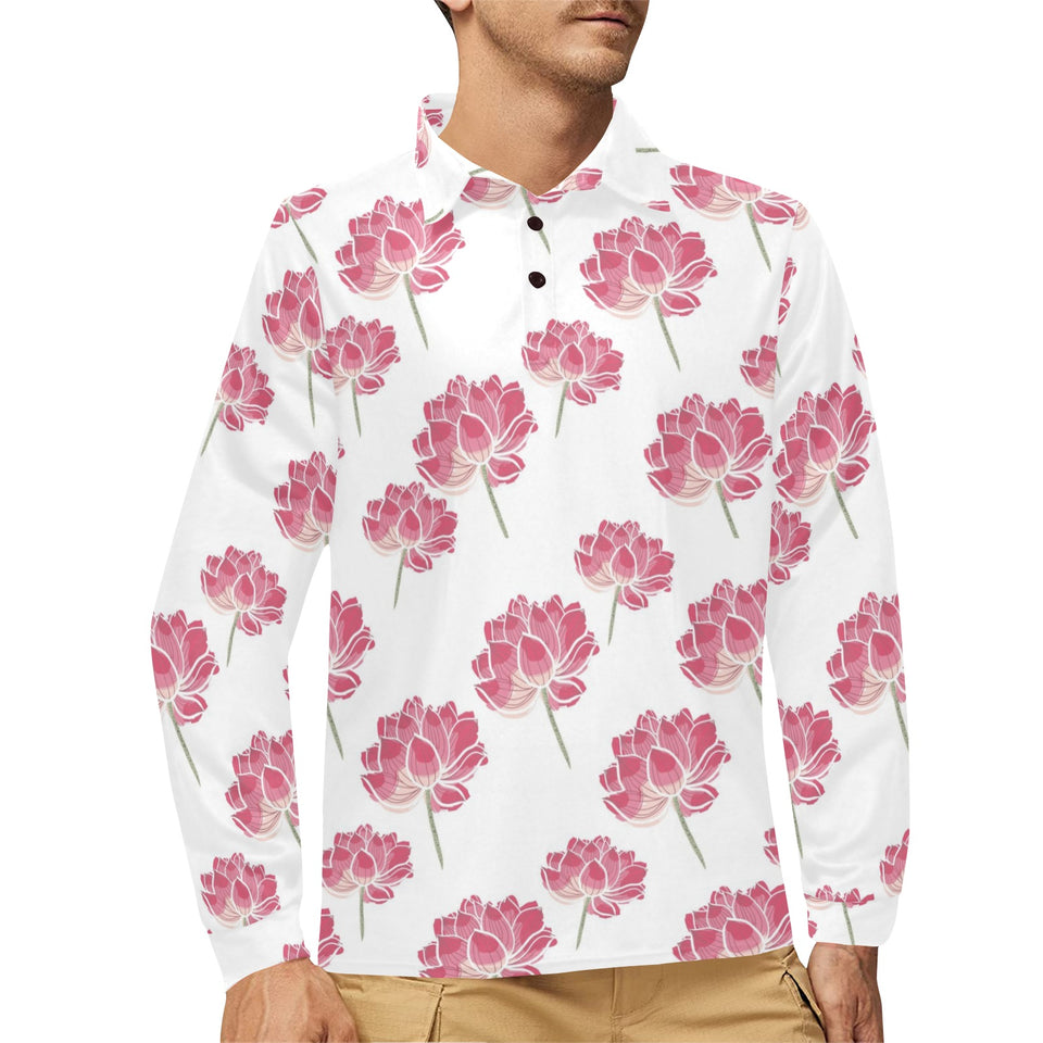 Pink lotus waterlily pattern Men's Long Sleeve Polo Shirt
