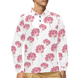 Pink lotus waterlily pattern Men's Long Sleeve Polo Shirt