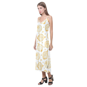 hand drawn onion pattern V-Neck Open Fork Long Dress