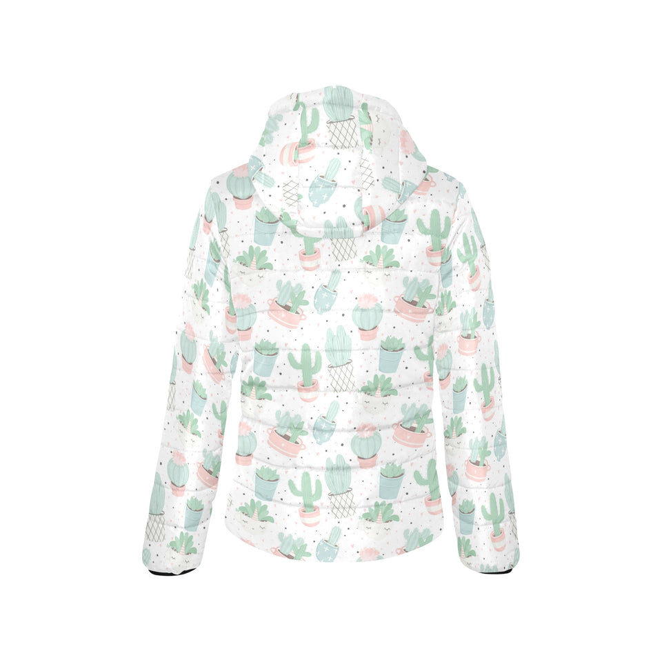 Pastel color cactus pattern Women's Padded Hooded Jacket