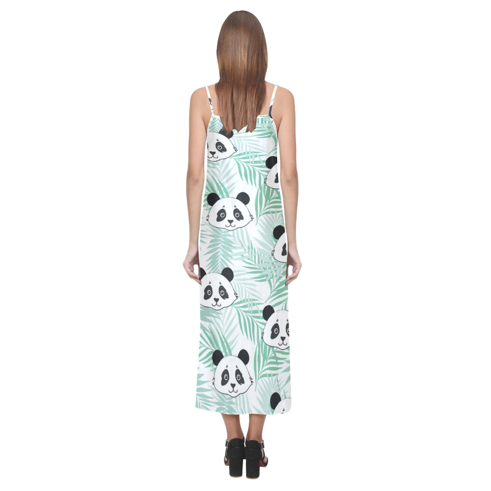 Panda pattern tropical leaves background V-Neck Open Fork Long Dress