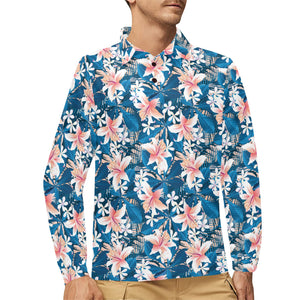 Hibiscus Pattern Print Design 02 Men's Long Sleeve Polo Shirt