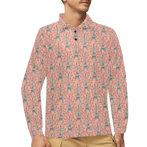 Eiffel Tower Flower Pattern Design 03 Men's Long Sleeve Polo Shirt