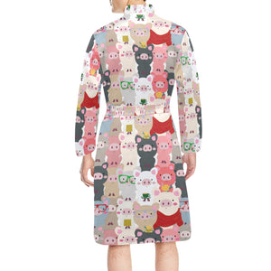 Pig Pattern Print Design 02 Men's Long Sleeve Belted Night Robe