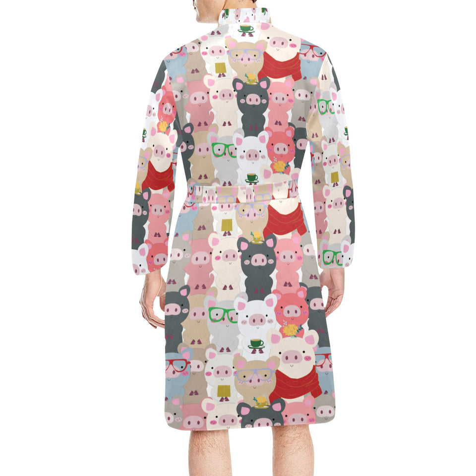 Pig Pattern Print Design 02 Men's Long Sleeve Belted Night Robe
