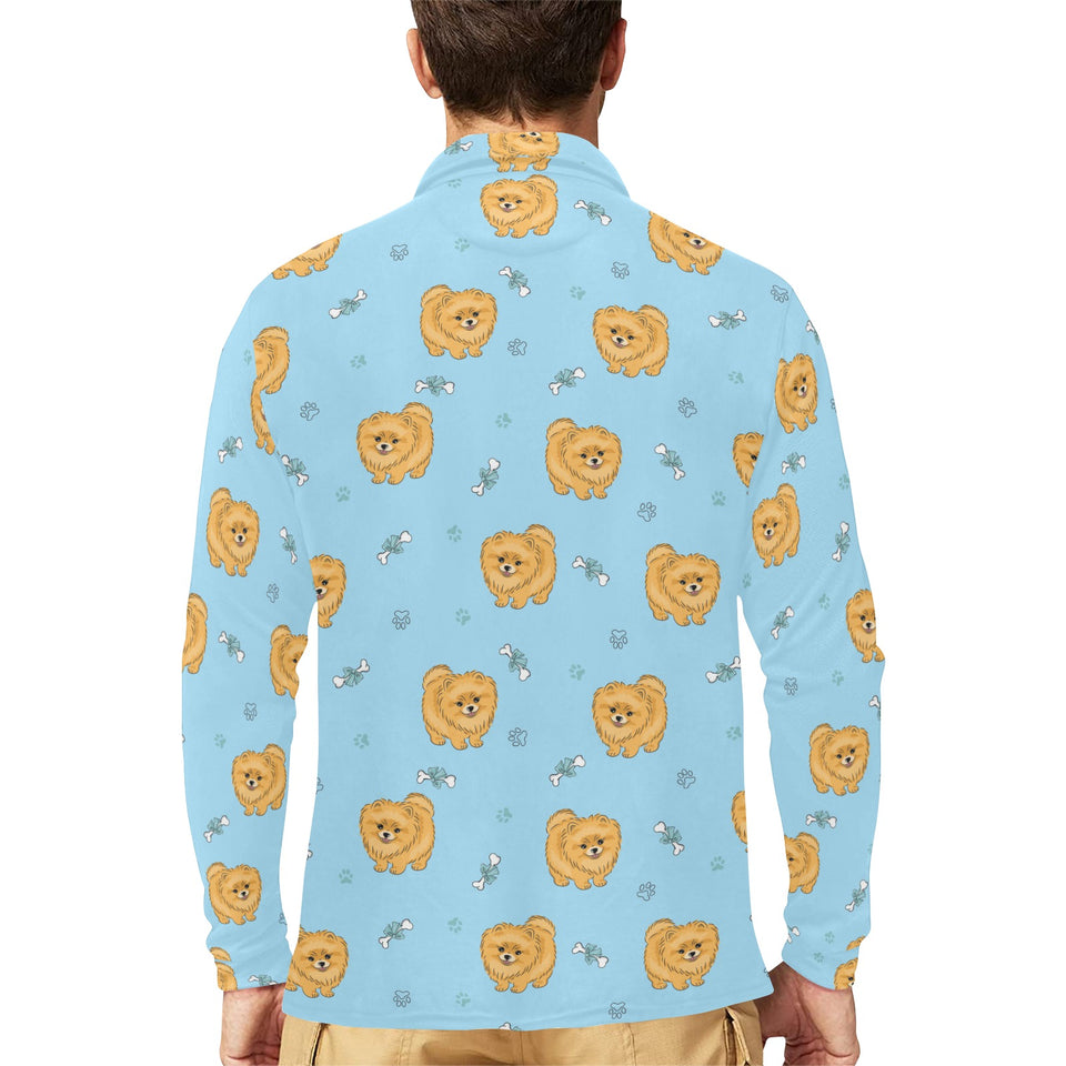 Brown cute pomeranian blue blackground Men's Long Sleeve Polo Shirt