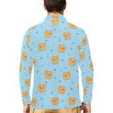 Brown cute pomeranian blue blackground Men's Long Sleeve Polo Shirt