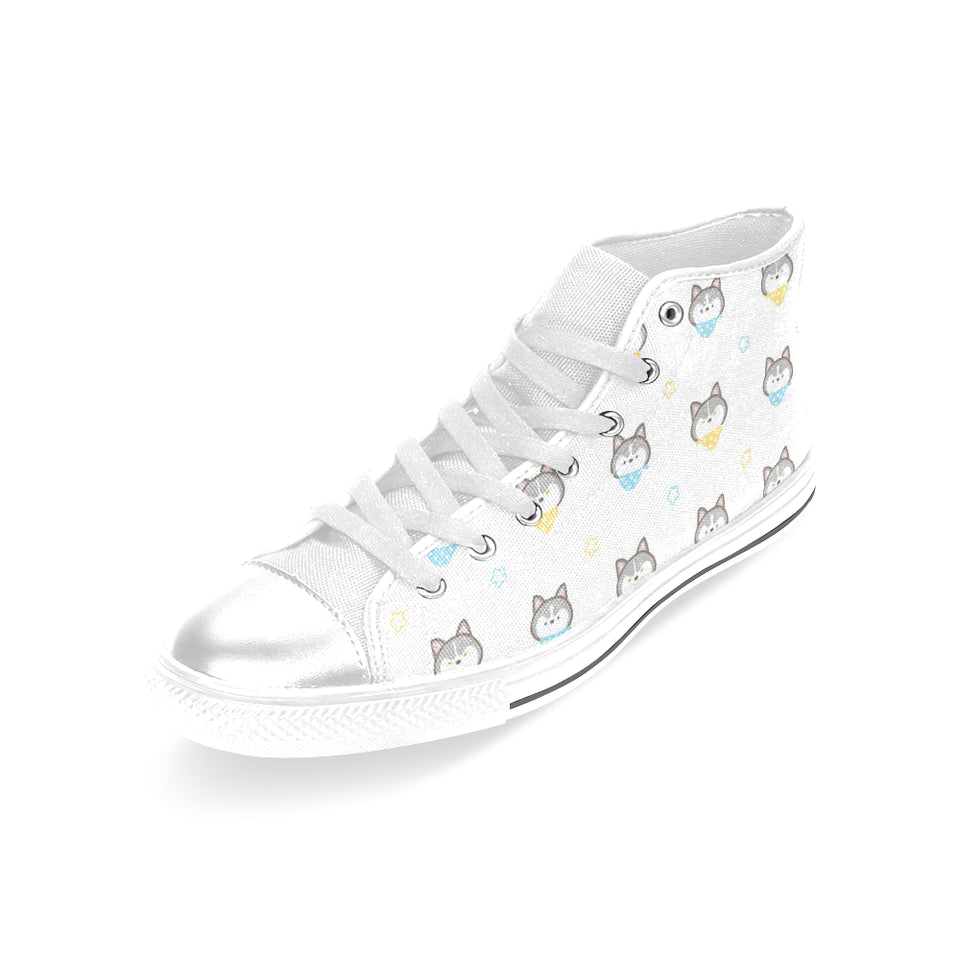 Cute Siberian Husky pattern Women's High Top Canvas Shoes White