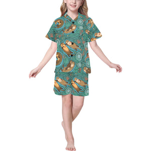 cute brown sea otters ornamental seaweed corals gr Kids' Boys' Girls' V-Neck Short Pajama Set