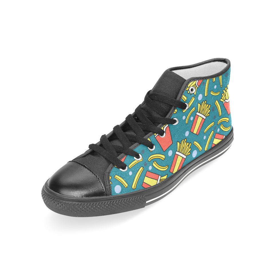 French fries red paper box pattern Women's High Top Canvas Shoes Black