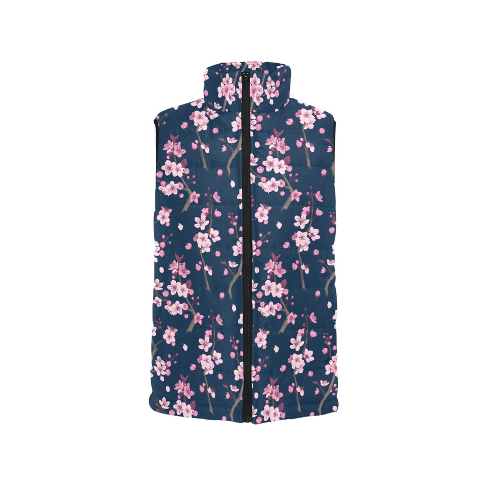 Pink sakura cherry blossom blue background Women's Padded Vest