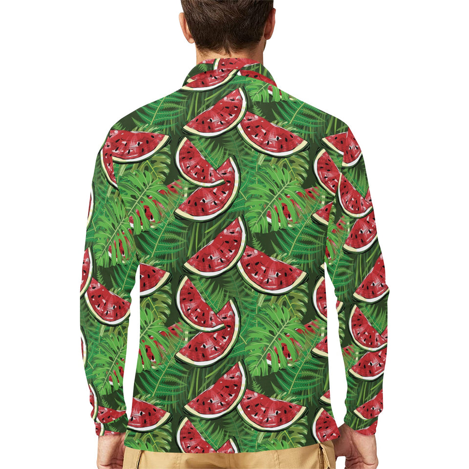 Watermelons tropical palm leaves pattern backgroun Men's Long Sleeve Polo Shirt
