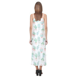 Pastel color cactus pattern V-Neck Open Fork Long Dress