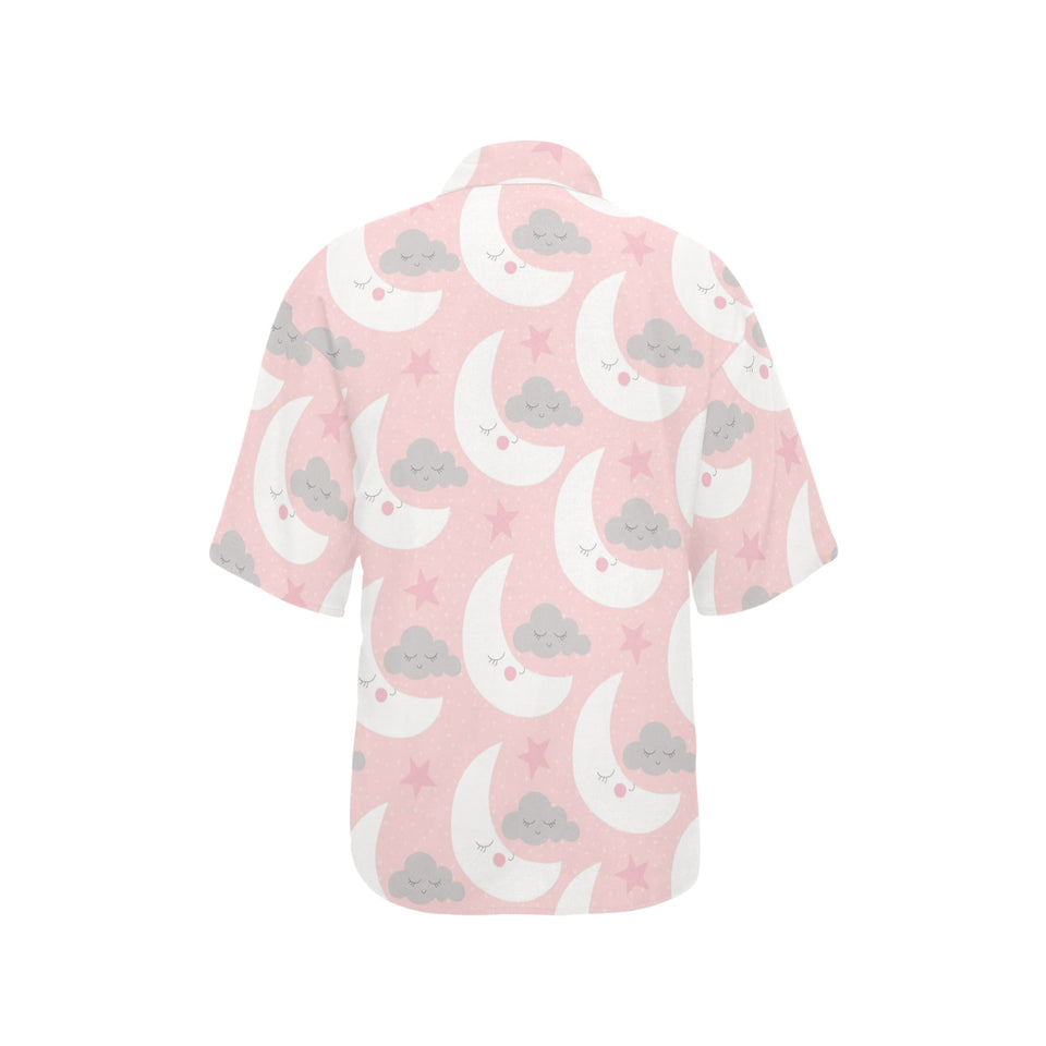 Cute moon cloud star pattern pink dot background Women's All Over Print Hawaiian Shirt