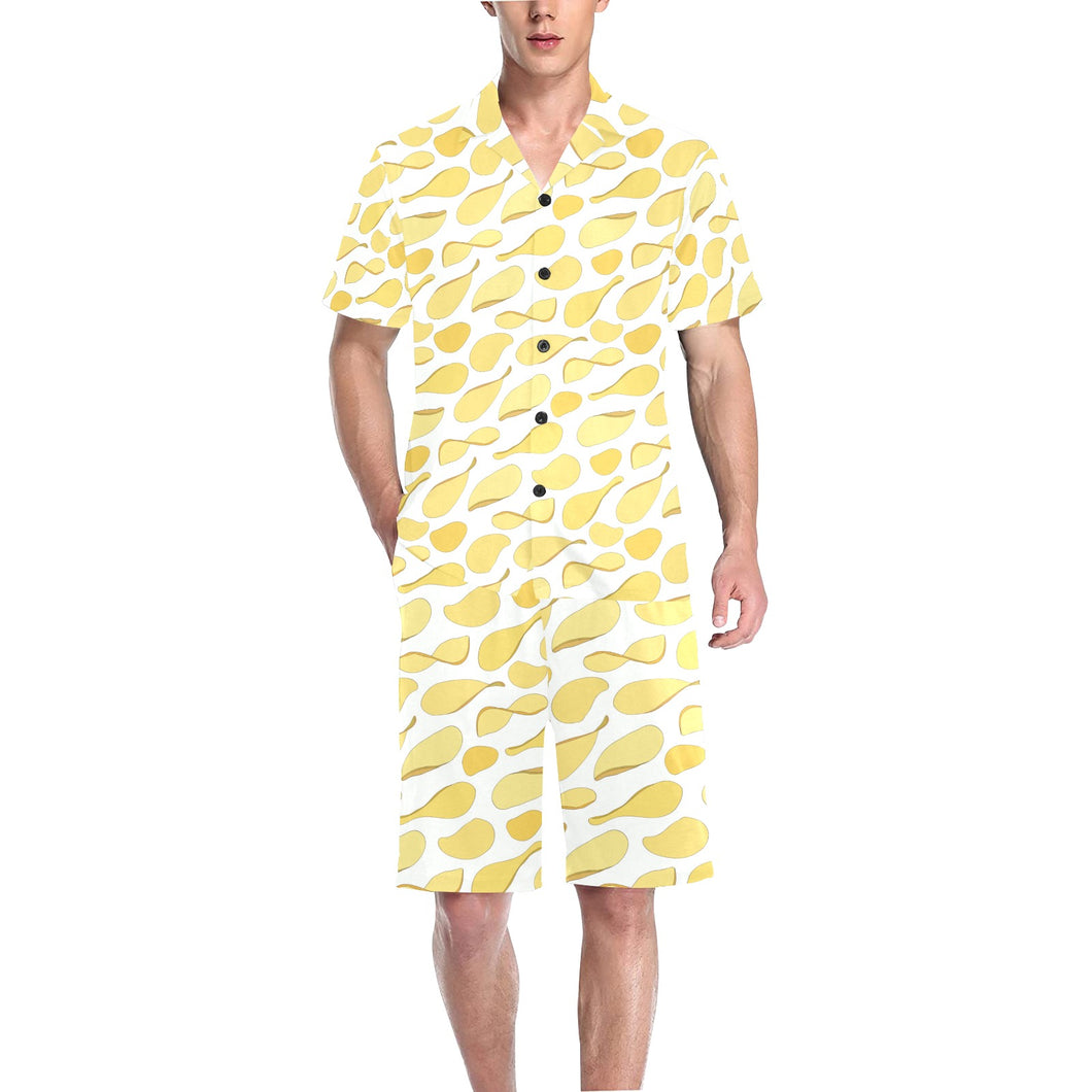 Potato Chips Pattern Print Design 02 Men's V-Neck Short Pajama Set