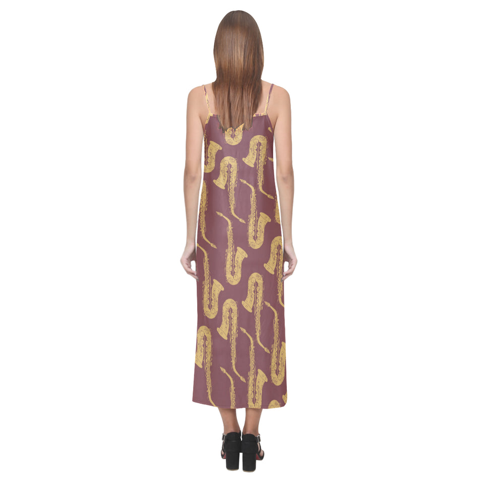 Hand drawn gold saxophone red background V-Neck Open Fork Long Dress