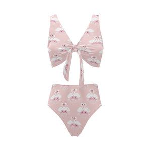 White swan and flower love pattern Chest Bowknot High Waisted Bikini Swimsuit