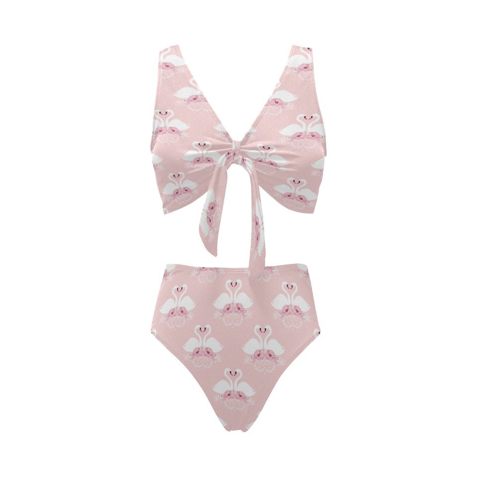 White swan and flower love pattern Chest Bowknot High Waisted Bikini Swimsuit