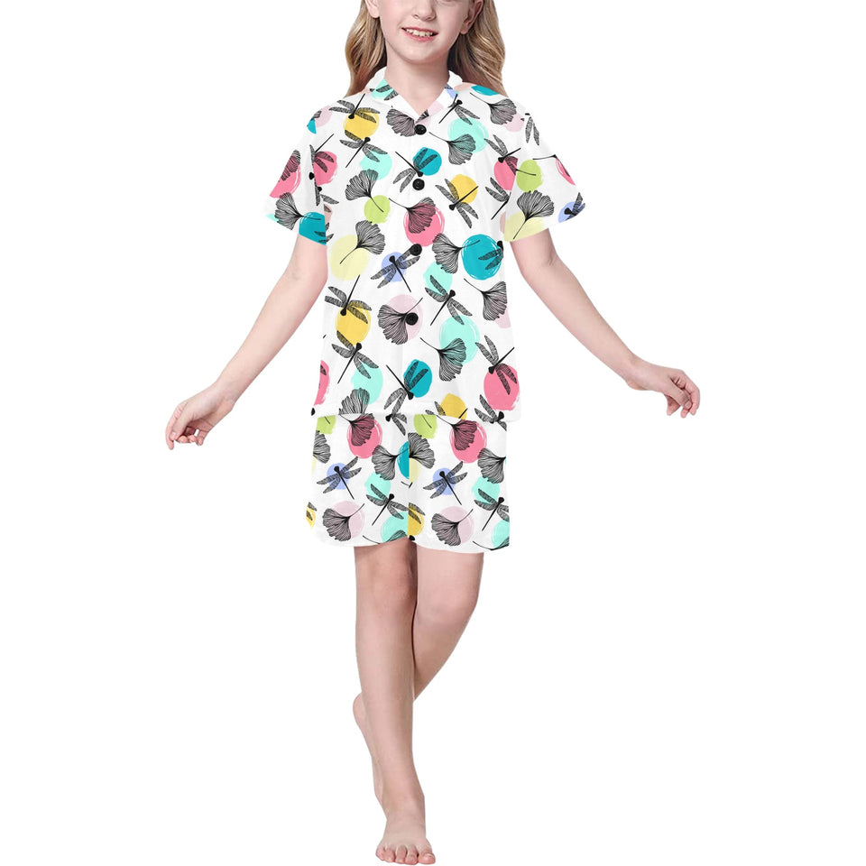 Dragonflies ginkgo leaves pattern Kids' Boys' Girls' V-Neck Short Pajama Set
