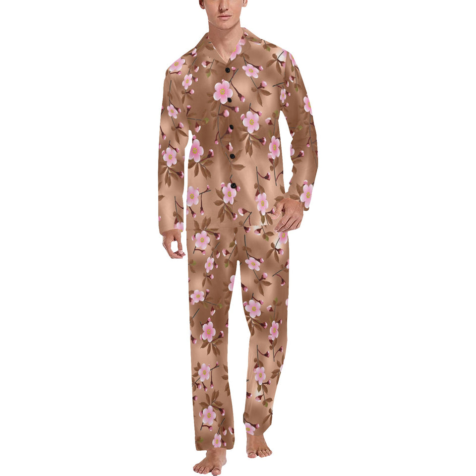 Pink sakura cherry blossom drak brown background Men's Long Pajama Set