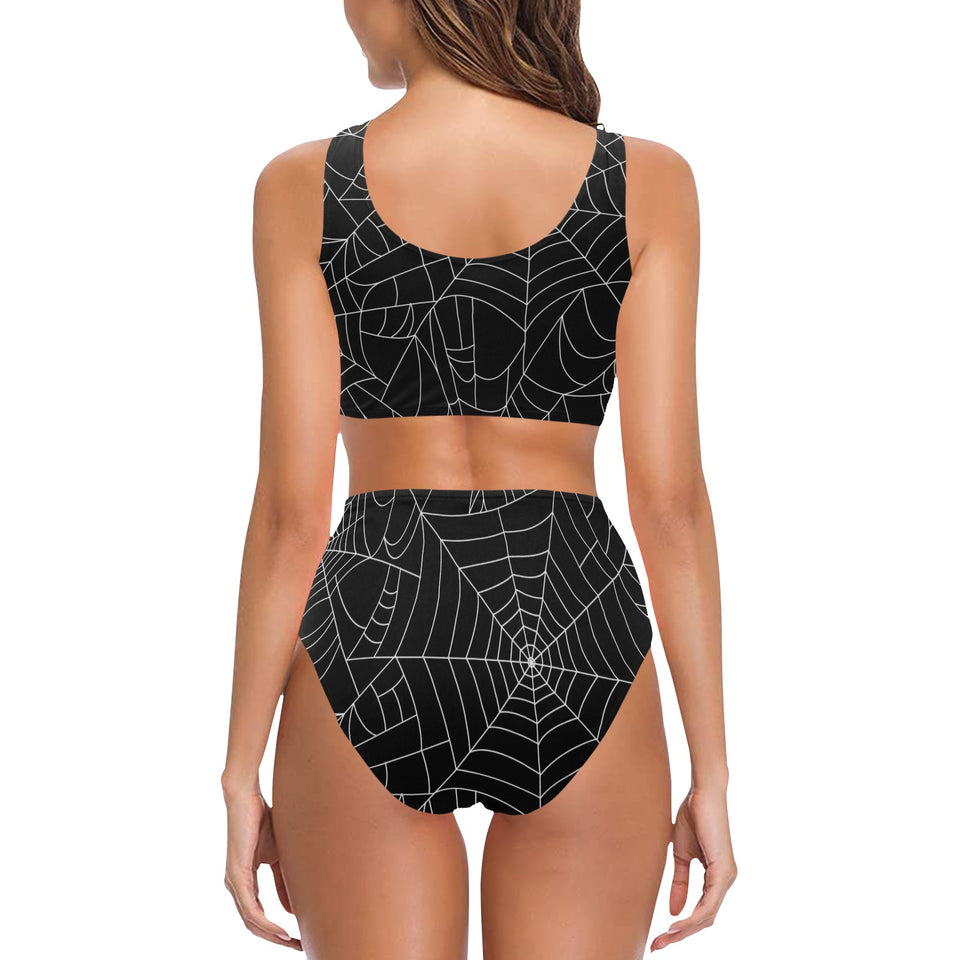 Spider web pattern Black background white cobweb Chest Bowknot High Waisted Bikini Swimsuit