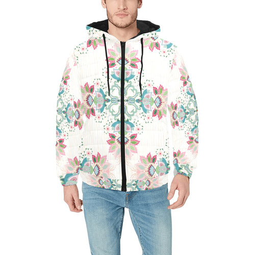 Square floral indian flower pattern Men's Padded Hooded Jacket