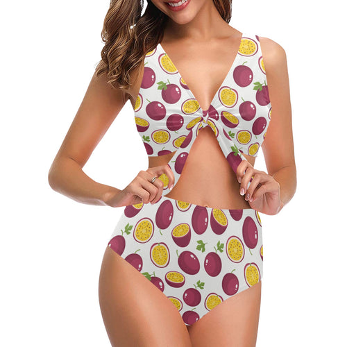 Passion fruit design pattern Chest Bowknot High Waisted Bikini Swimsuit