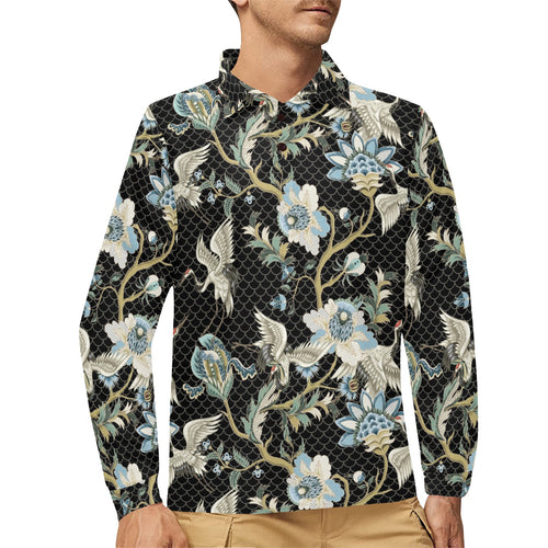 Japanese crane ornament elements Men's Long Sleeve Polo Shirt