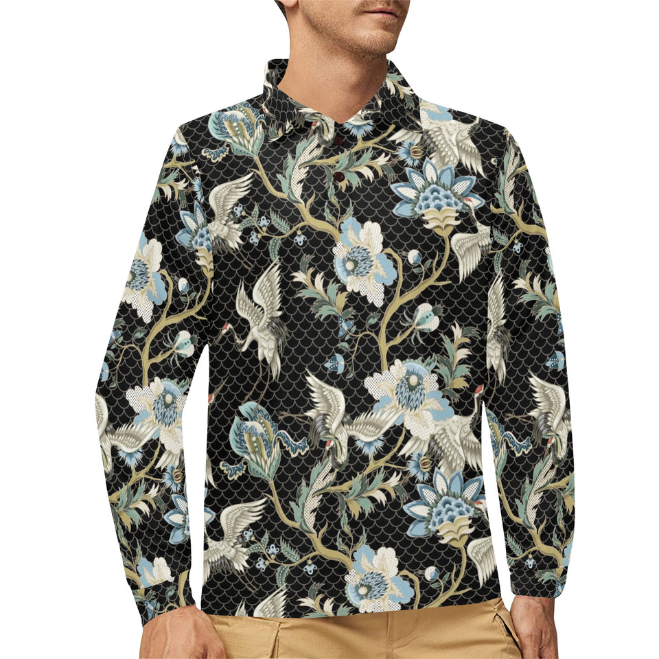 Japanese crane ornament elements Men's Long Sleeve Polo Shirt