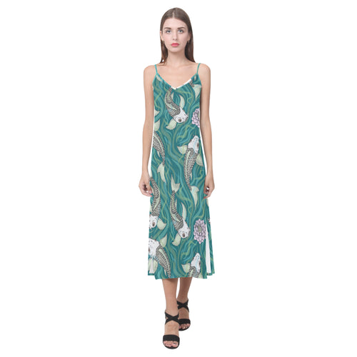 Koi Fish Carp Fish lotus pattern V-Neck Open Fork Long Dress