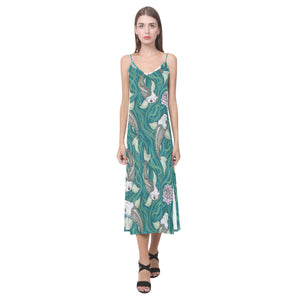 Koi Fish Carp Fish lotus pattern V-Neck Open Fork Long Dress
