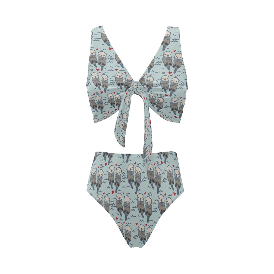 Lovely Sea Otter Pattern Chest Bowknot High Waisted Bikini Swimsuit