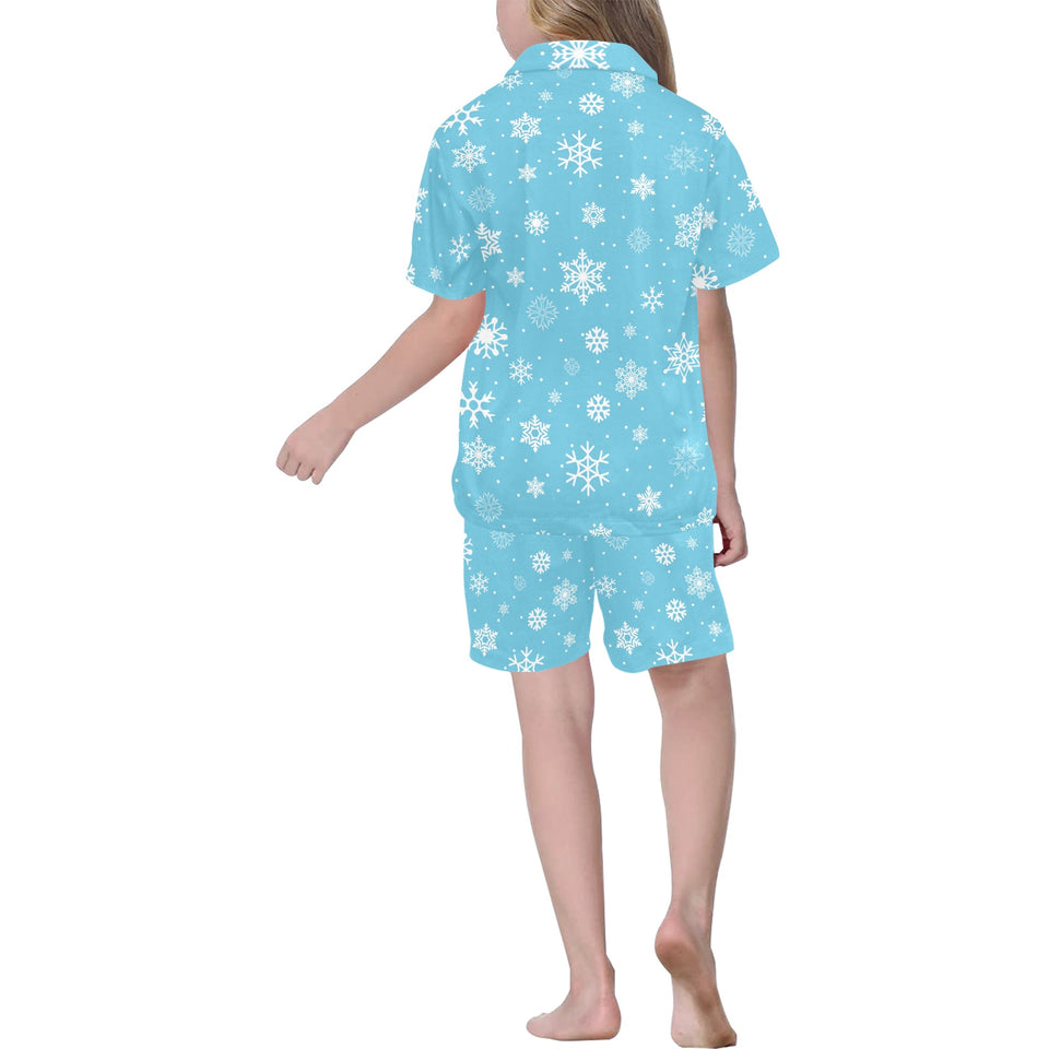 Snowflake pattern blue background Kids' Boys' Girls' V-Neck Short Pajama Set