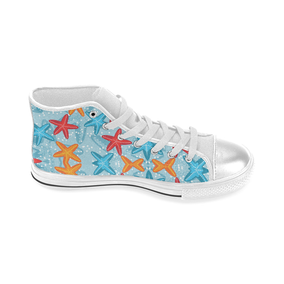 Blue red orange starfish pattern Women's High Top Canvas Shoes White