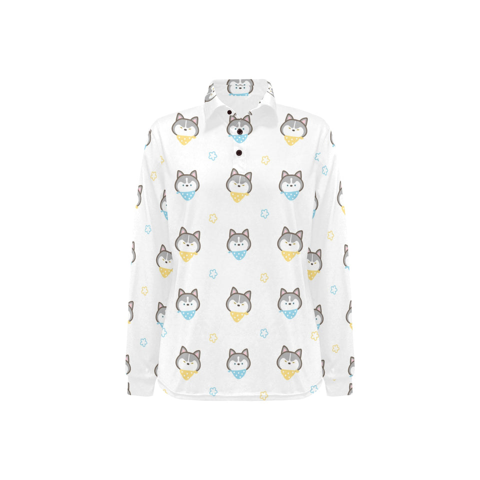 Cute Siberian Husky pattern Women's Long Sleeve Polo Shirt