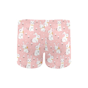 Cute white rabbit flower pink background Men's Swimming Trunks