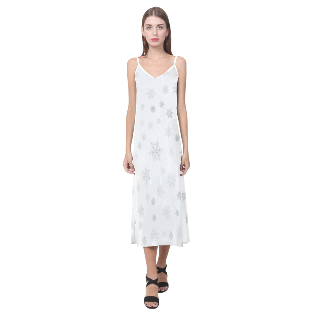 Snowflake pattern white background V-Neck Open Fork Long Dress