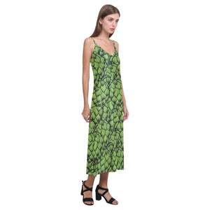 Green hop pattern V-Neck Open Fork Long Dress