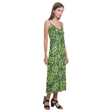 Green hop pattern V-Neck Open Fork Long Dress