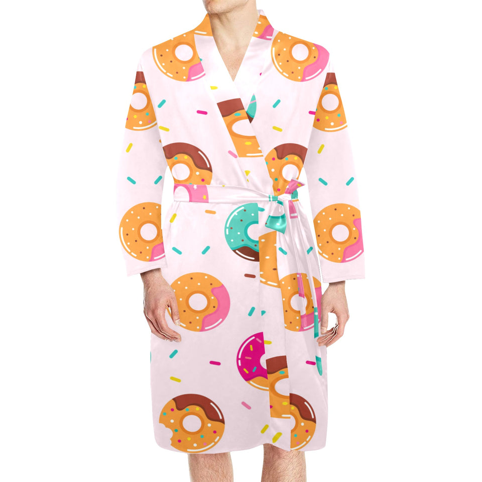 Donut pattern glaze pink background Men's Long Sleeve Belted Night Robe