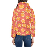 Oranges pattern red background Women's Padded Hooded Jacket