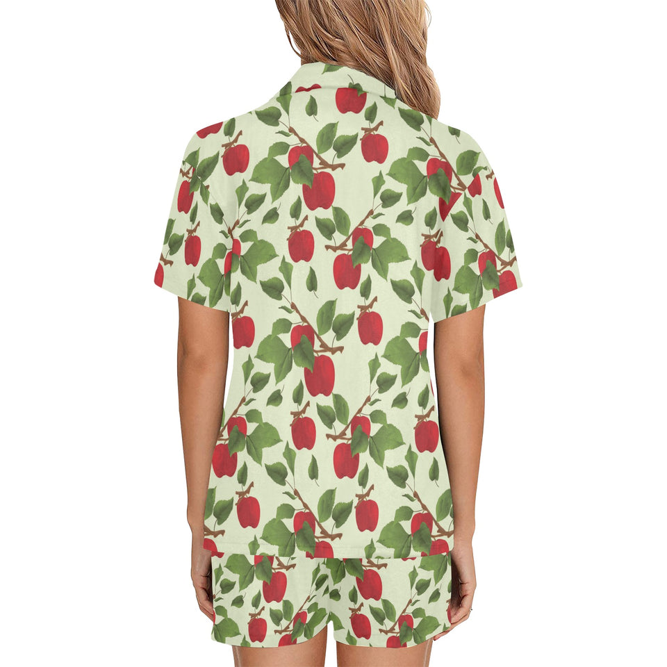 Red apples leaves pattern Women's V-Neck Short Pajama Set