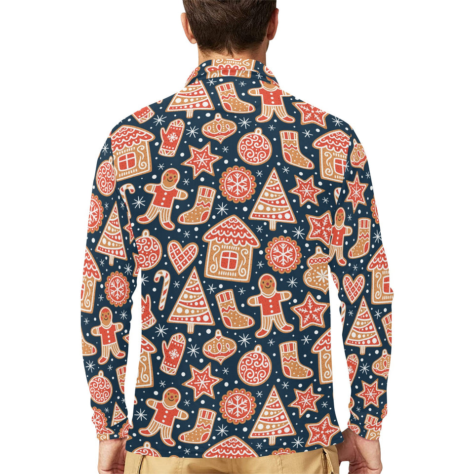 Christmas gingerbread cookie pattern Men's Long Sleeve Polo Shirt