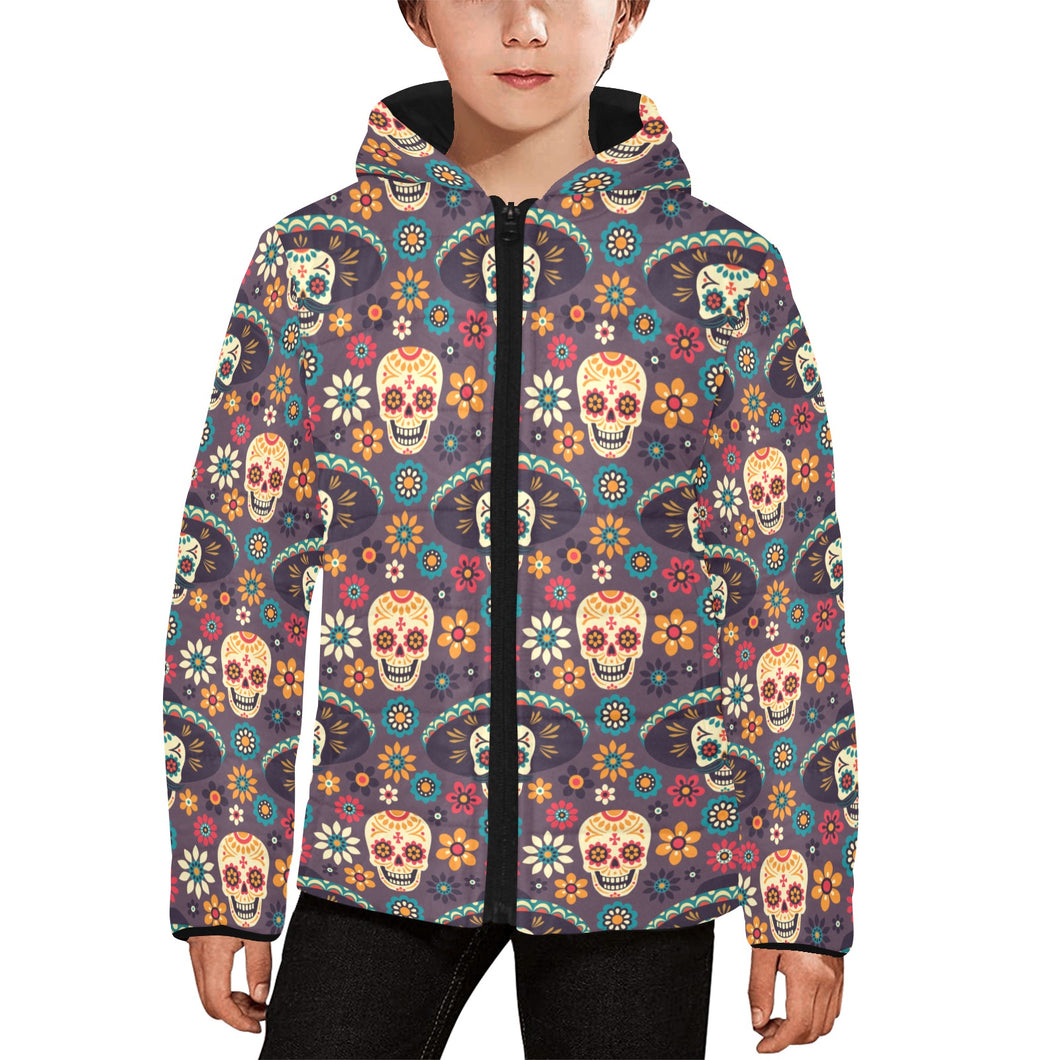 Sugar skulls flower maxican pattern Kids' Boys' Girls' Padded Hooded Jacket