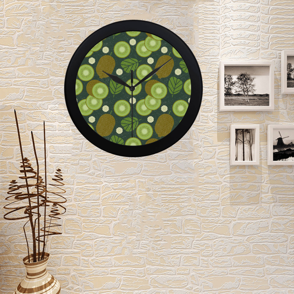 Whole sliced kiwi leave and flower Elegant Black Wall Clock